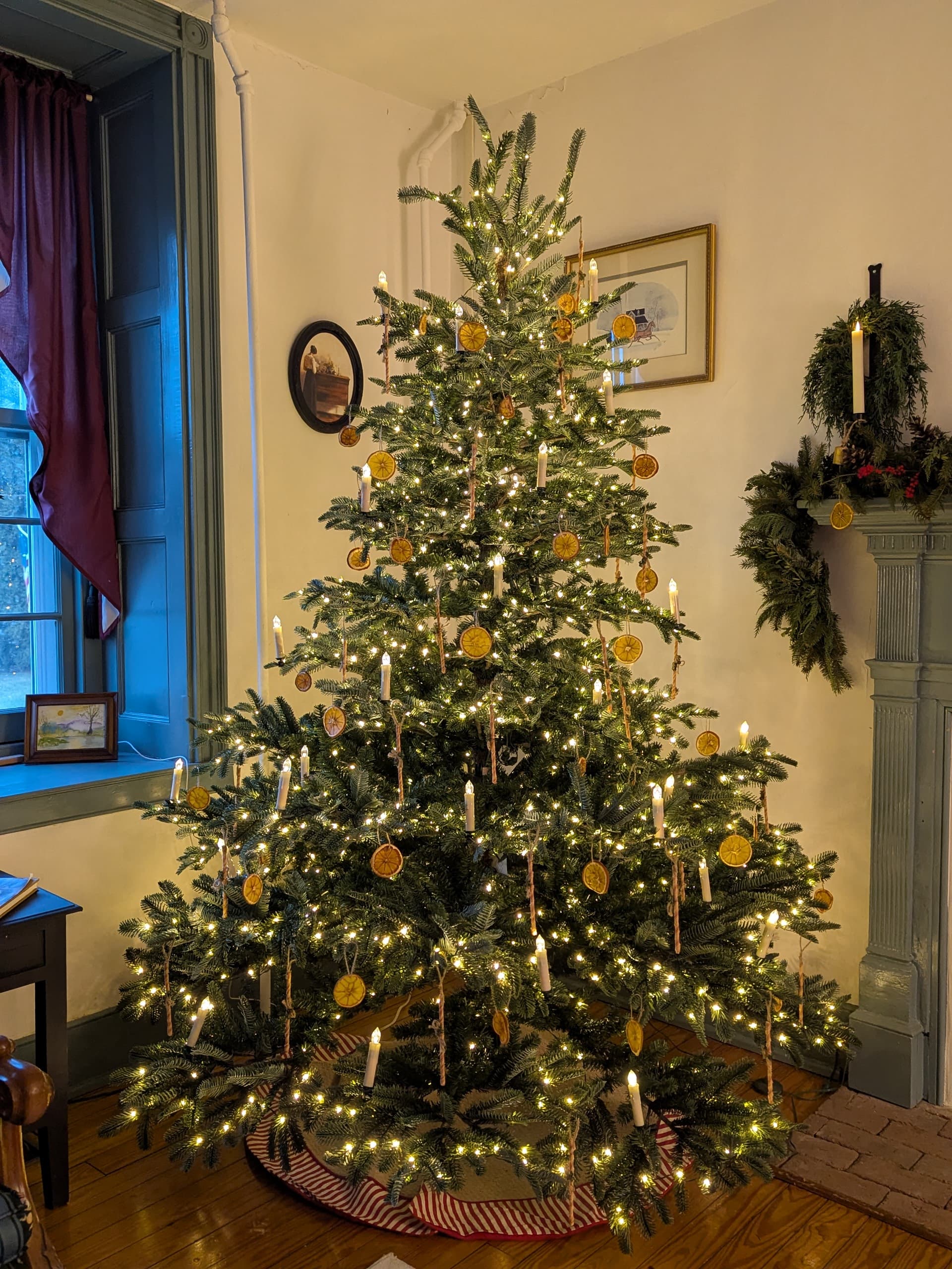 A decorated Christmas tree with candle lights and dried orange slices in a cozy room.