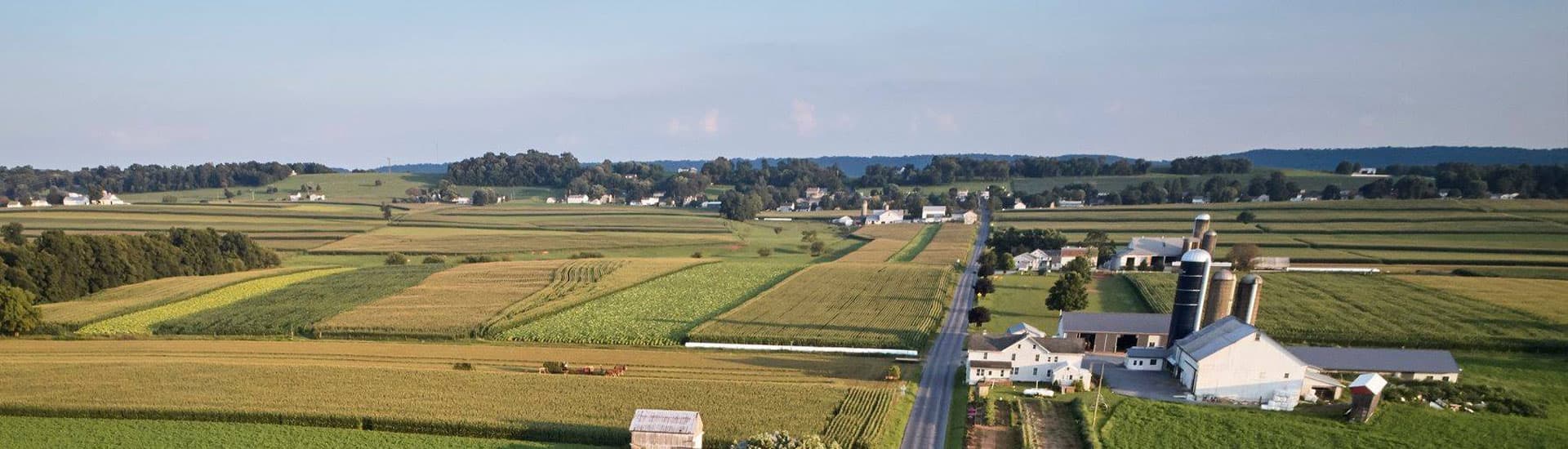 Aerial view of Lancaster with fields and farms